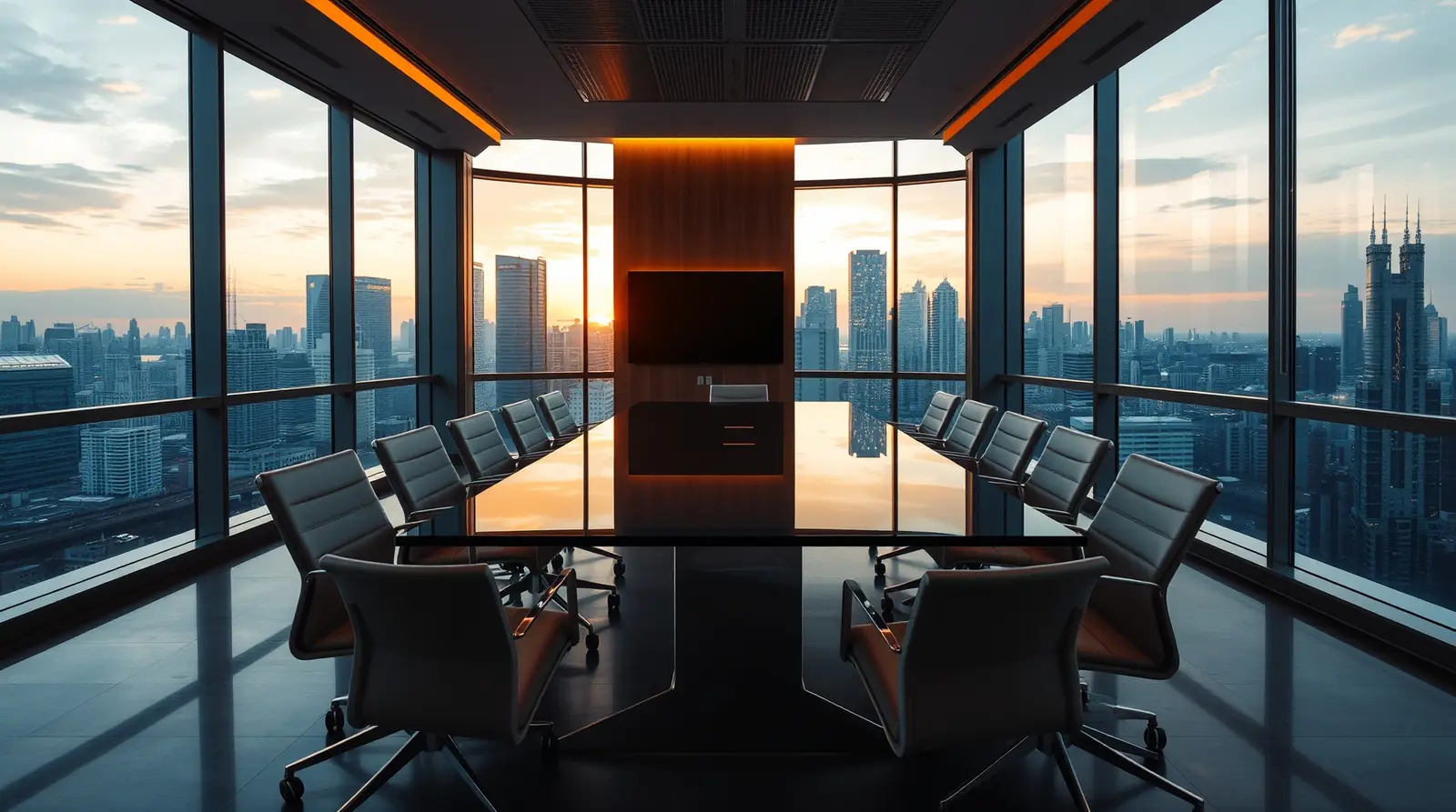 Reunião de estratégia em escritório com vista para a cidade ao entardecer